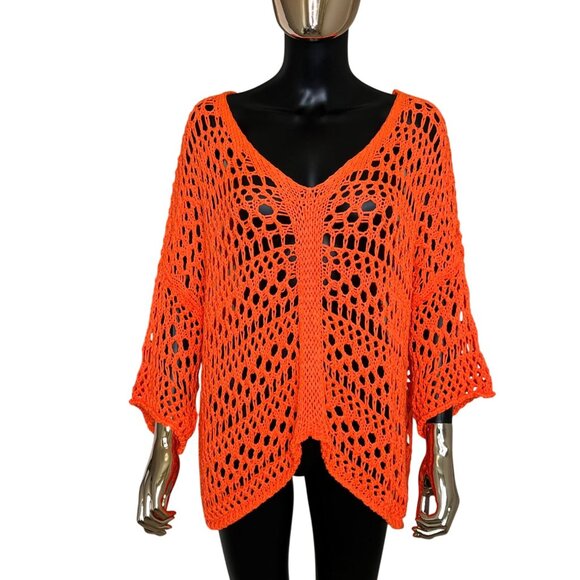 Cecile Wang France Bright Orange Crochet Knit Sweater Made in Italy, Boho Resort - Picture 2 of 9